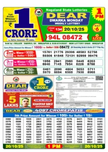 Lottery Sambad DEAR Dwarka Monday Result (20 Oct 2025): 1st Prize 94L-08472, Full Winners & Separate 5th-Prize Table